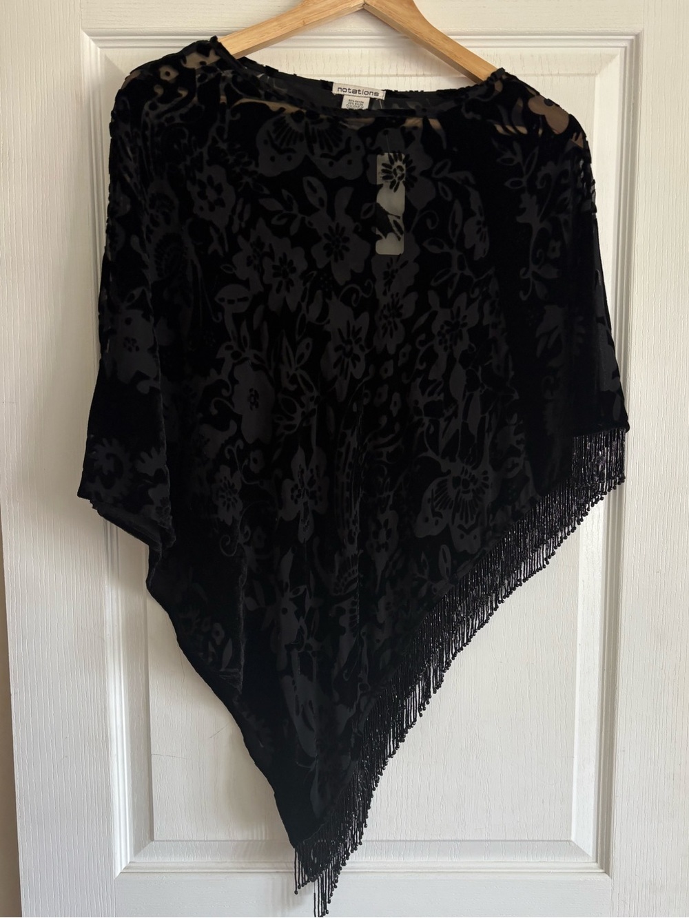 NWT Notations Black sheer Velvet Fringe Poncho Top (One Size)